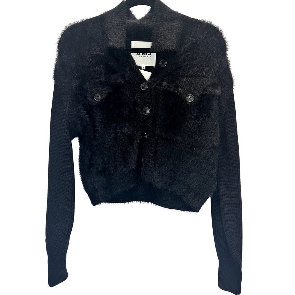 &Merci – Black Fur Sweater with Cotton Sleeve – M